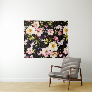 Rosa gelbe Rosen, schwarzer Hintergrund Wandteppich