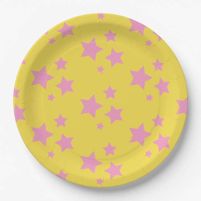 Rosa Gelbe Sterne Kinder Baby Circus Party Pappteller (Vorderseite)