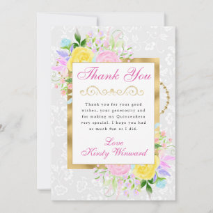 Rosa, Gelbe und Blaue Blumen Goldene Quinceanera Dankeskarte
