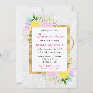 Rosa, Gelbe und Blaue Blumen Goldene Quinceanera Einladung