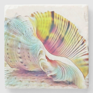 Rosa gelbe und blaue Muscheln Aquarellbilder Steinuntersetzer