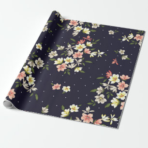 rosa gelbe und braune kleine Blumen mit grünen Blä Geschenkpapier