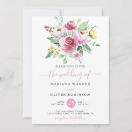 Rosa gelbe Wasserfarbenblütenhochzeit Einladung