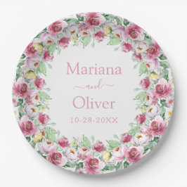 Rosa gelbe Wasserfarbenblütenhochzeit Pappteller