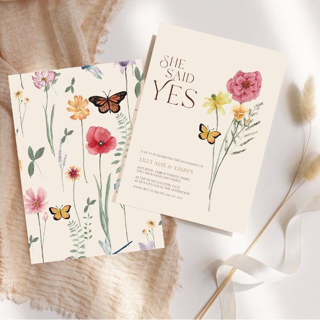 Rosa Gelbe Wildblume Sie sagte ja Verlobung Einladung (Pink Yellow Wildflower She Said Yes Engagement Invitation)