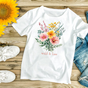Rosa Gelbe Wildblumen Aquarell Wild und kostenlos T-Shirt
