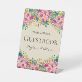 Rosa Gelbe Wildblumen Hochzeit Unterschreiben Sie  Sockelschild