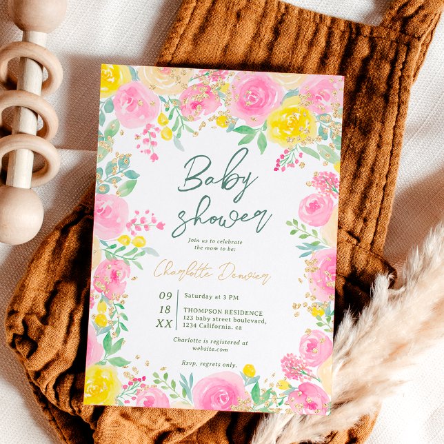 Rosa gelber Garten florfarbene Aquarell Babydusche Einladung (Pink yellow garden floral watercolor baby shower invitation)