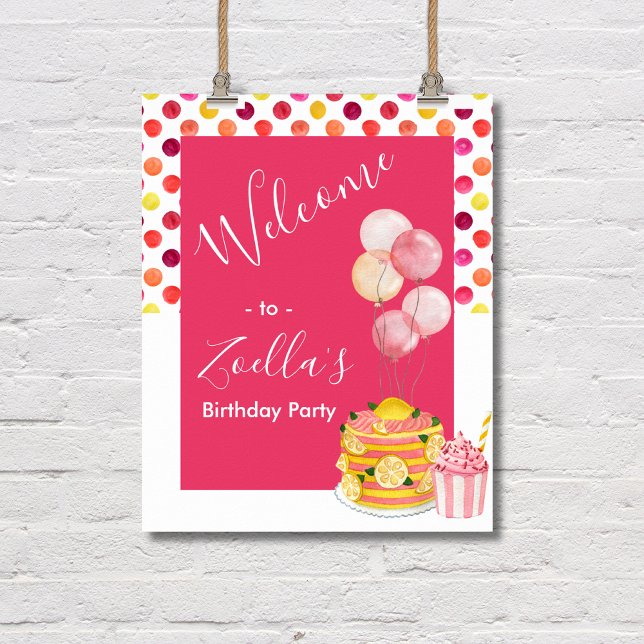 Rosa Gelber Kuchen Kuchen Begrüßungszeichen Party Poster (Pink Yellow Birthday Party Poster)