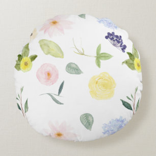 Rosa gelbes Aquarell mit Blumen Rundes Kissen