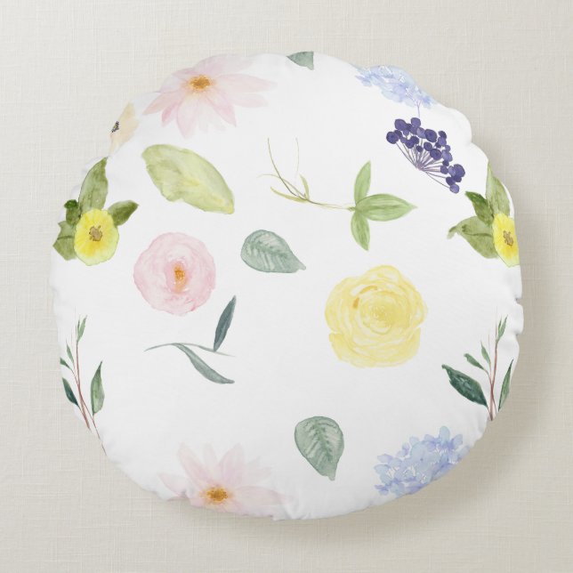 Rosa gelbes Aquarell mit Blumen Rundes Kissen (Vorderseite)