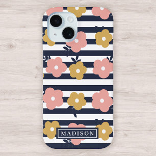 Rosa gelbes Blumenmuster auf Navy Blue Stripes Case-Mate iPhone Hülle