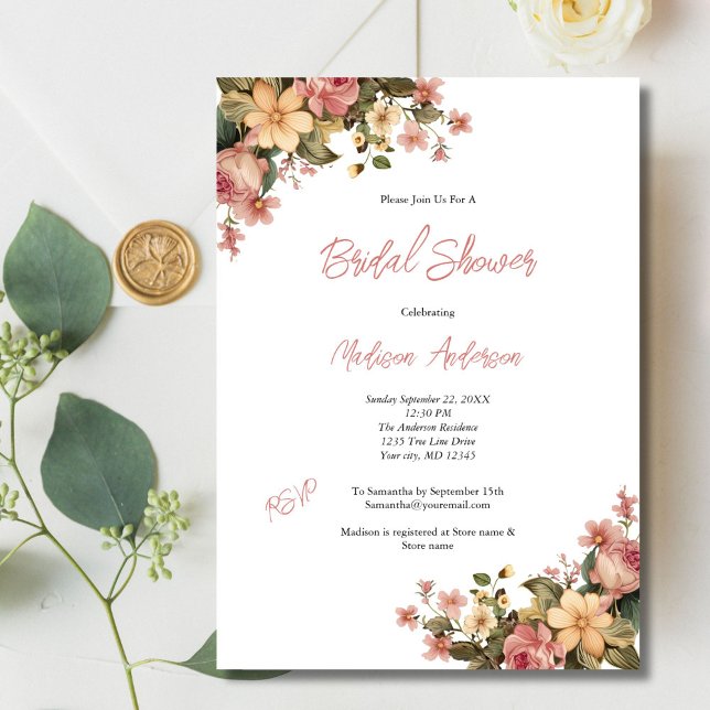 Rosa Gelbes Brautparty Einladung (Pink Yellow Watercolor Floral Bridal Shower Invitation. Vintage Antique, Printed or Digital Download)