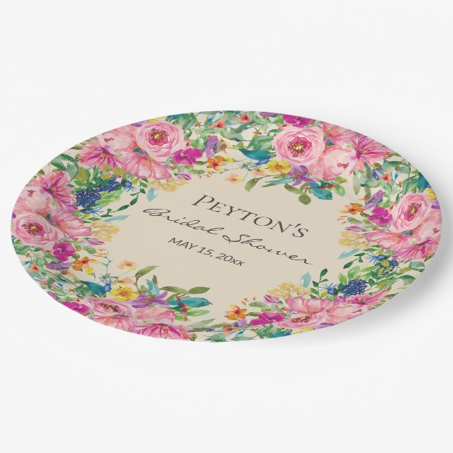 Rosa Gelbes Brautparty Pappteller (Schrägansicht)