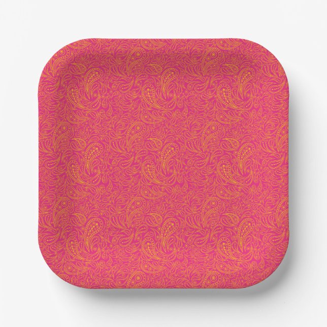 Rosa gelbes Paisleymuster Pappteller (Vorderseite)