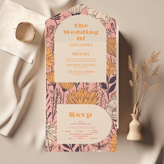 Rosa Gelborange Wildblumen Hochzeit All In One Einladung (Von Creator hochgeladen)