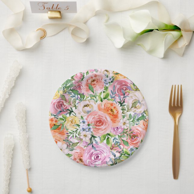 Rosa Gelbweiße Orange Rose Blume Muster Pappteller (Hochzeit)