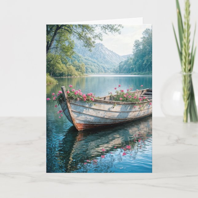 Rosa Geranien in einem Rowboat-Beileid Karte (Vorderseite)