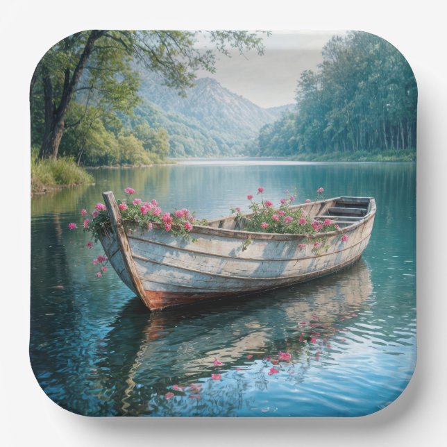 Rosa Geranien in einem rustikalen Rowboat Pappteller (Vorderseite)