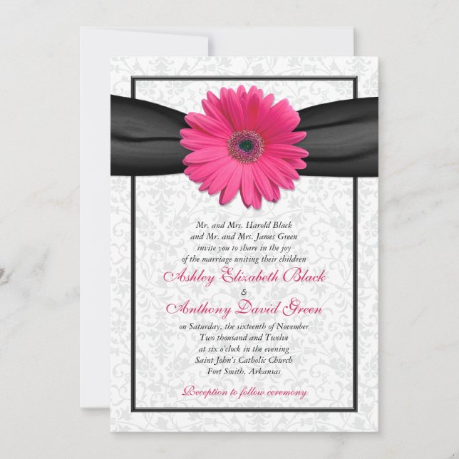 Rosa Gerbera Black Ribbon Wedding Einladung (Vorderseite)