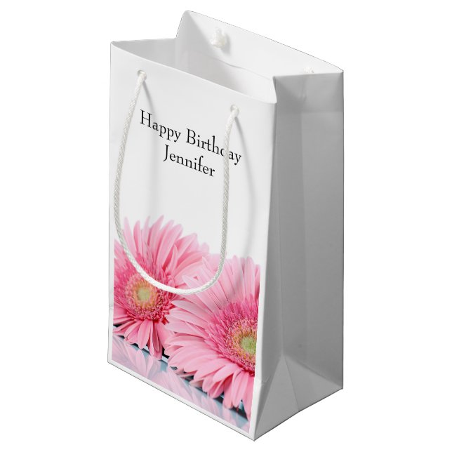 Rosa Gerbera Daisies Elegante Fotografie Kleine Geschenktüte (Vorderseite Schrägansicht)