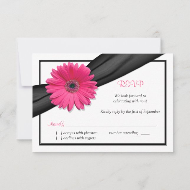 Rosa Gerbera Daisy Black Ribbon Reply RSVP Card Karte (Vorderseite)