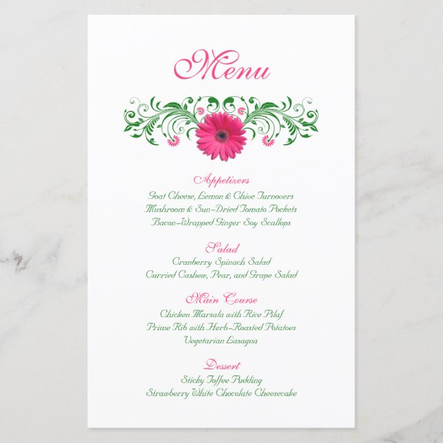 Rosa Gerbera Daisy Wedding Menu Card (Vorderseite)