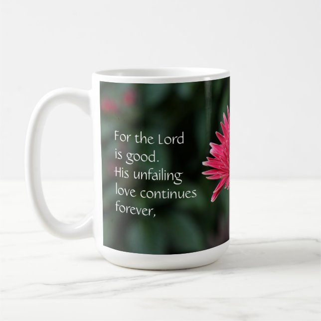 Rosa Gerbera-Gänseblümchen mit Schrifts-Vers Kaffeetasse (Links)