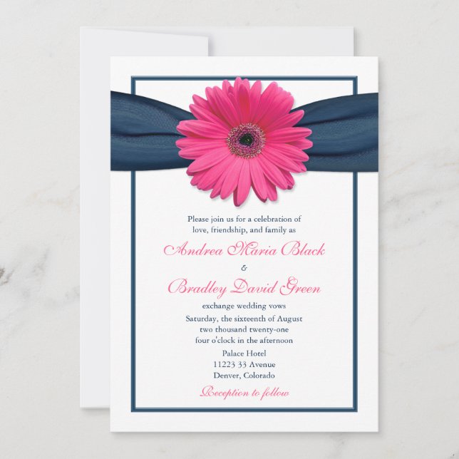 Rosa Gerbera mit Navy Ribbon Hochzeitseinladung Einladung (Vorderseite)