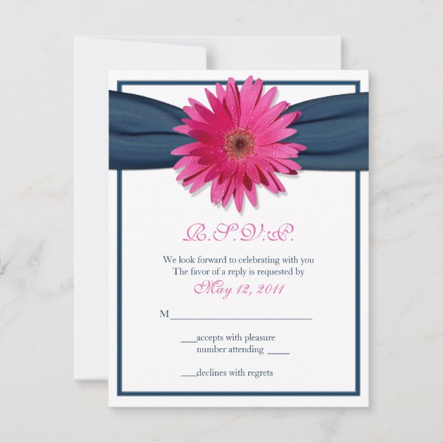 Rosa Gerbera mit Navy Ribbon Response Card RSVP Karte (Vorderseite)