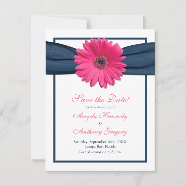 Rosa Gerbera mit Navy Ribbon Save the Date Card (Vorderseite)