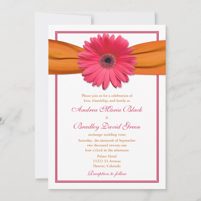 Rosa Gerbera mit Orange Ribbon Wedding Einladung (Vorderseite)