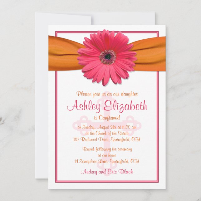 Rosa Gerbera Orange Ribbon Bestätigung Einladung (Vorderseite)
