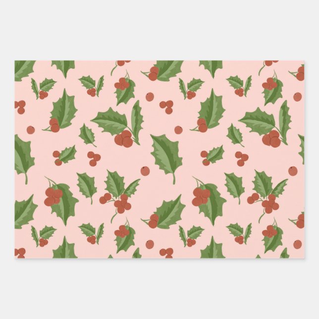 Rosa Geschenkpapier mit Stechpalme Set (Vorderseite)
