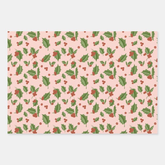 Rosa Geschenkpapier mit Stechpalme Set (Vorderseite)