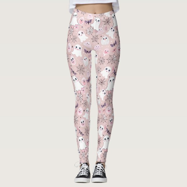 Rosa Gespenster & Halloween Elemente Nahtloses Mus Leggings (Vorderseite)