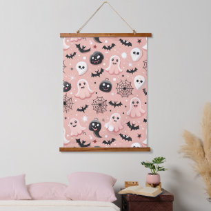 Rosa Gespenster und Halloween Nahtloses Muster Wandteppich Mit Holzrahmen
