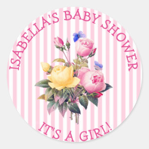 Rosa gestreifte schicke mit BlumenBabyparty Runder Aufkleber