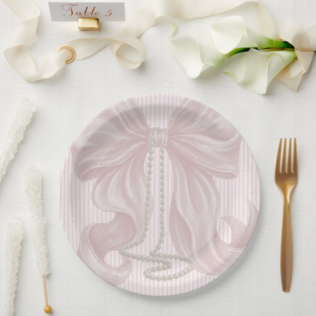 Rosa gestreifte Schleife und Perlenhalskette Pappteller (Hochzeit)