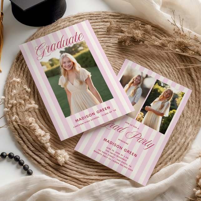 Rosa gestreifter Preppy-Abschluss Einladung (Von Creator hochgeladen)