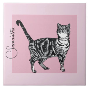 Rosa getigerte Katze Katzen Pastell Rosa Mädchen N Fliese