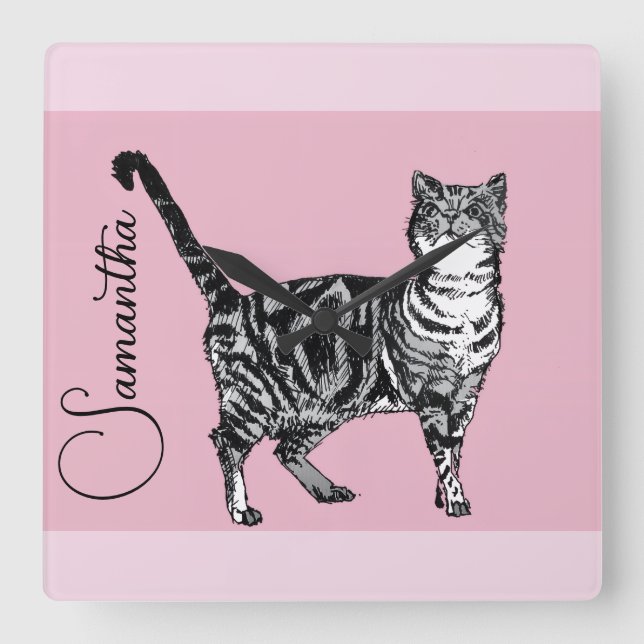Rosa getigerte Katze Katzen Rosa Mädchen Name Kind Quadratische Wanduhr (Vorderseite)