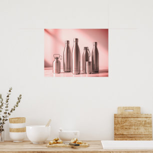 Rosa getönte Stahlwasserflaschen an einer Retro-Wa Poster