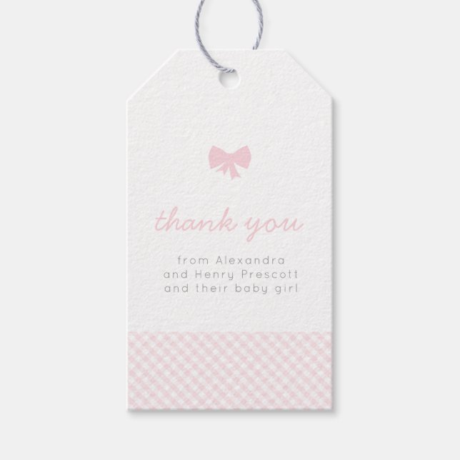 Rosa Gingham Baby Bow Baby Dusche Geschenkanhänger (Vorderseite)