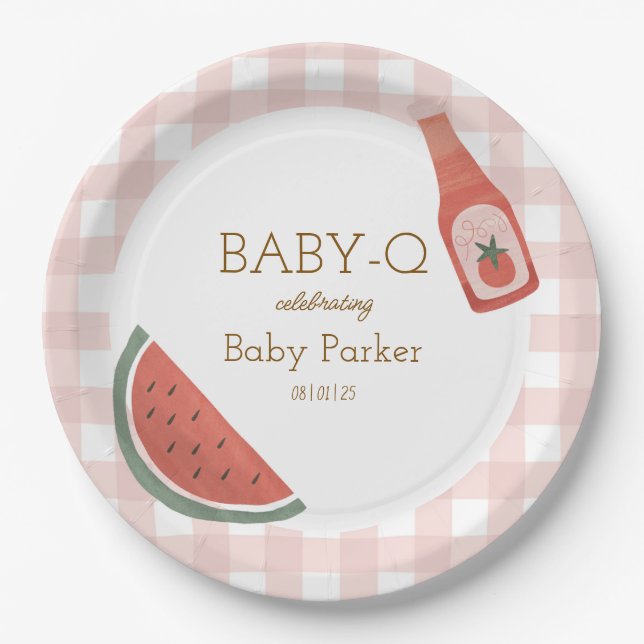 Rosa Gingham Baby-Q Teller rund (Vorderseite)
