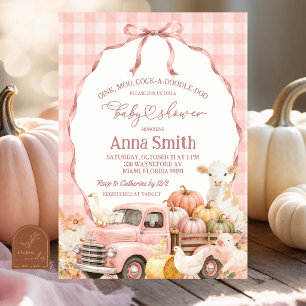 Rosa Gingham-Bauernhof-Tier-Baby-Party Einladung
