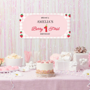 Rosa Gingham "Berry 1. Geburtstag" Willkommensbann Banner