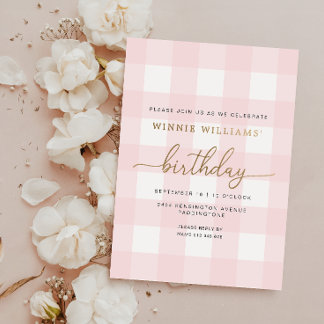 Rosa Gingham Birthday Gold Foil Einladung