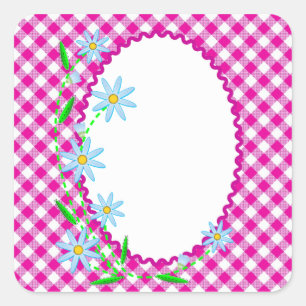 Rosa Gingham & Blume Hintergrundaufkleber für den  Quadratischer Aufkleber