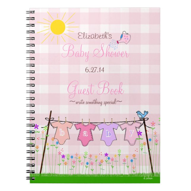 Rosa Gingham-Blumen Babyparty-Gast-Buch Notizblock (Vorderseite)